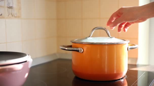 Weibliche Hand offenen Deckel Emaille Stahl Kochtopf auf Elektroherd mit kochendem Wasser oder Suppe und malerischen Dampf durch warmes Sonnenlicht in der Küche hinterleuchtet. Geschirr und Werkzeug zu Hause Hintergrund - Filmmaterial, Video