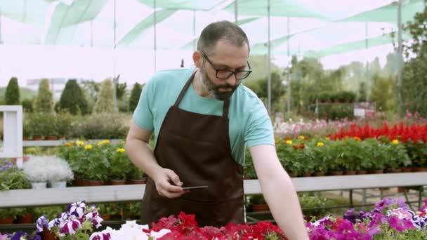Komoly férfi kertész lövöldözés cserepes növények mobiltelefon - Felvétel, videó