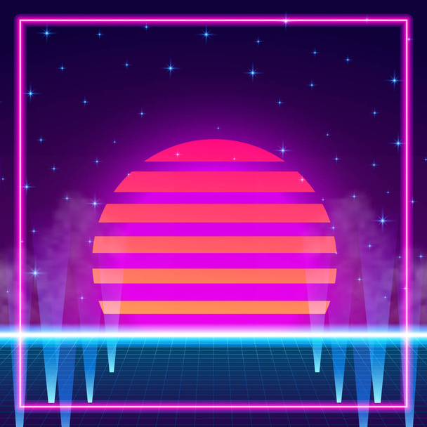 Sunset perspektywa siatka neon fioletowy cyjan gradientowy blask kolor. abstrakcyjny retro 80s stylu vintage. abstrakcyjne żywe tło - Wektor, obraz