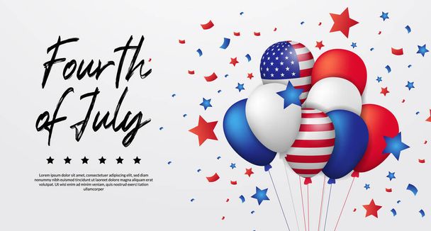 group 3d helium colorful balloon american flag with flying confetti and star for fourth july, 4th, american independence day banner poster template with white background - Vector, Image