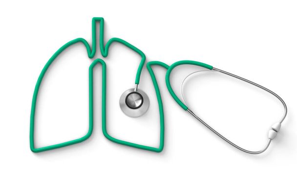 Grünes Stethoskop in Form einer auf weißem Hintergrund isolierten Lunge. 3D-Darstellung - Foto, Bild