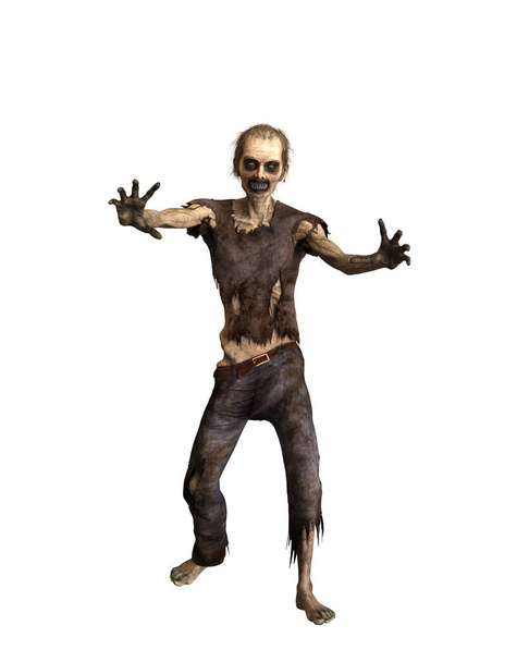 Zombie-Mann geht mit nach vorne ausgestreckten Armen auf die Kamera zu. 3D-Illustration isoliert auf weißem Hintergrund. - Foto, Bild