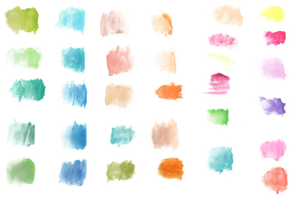 set of abstract splashes paint brush of colorful multicolored watercolor on white paper background - Fotó, kép