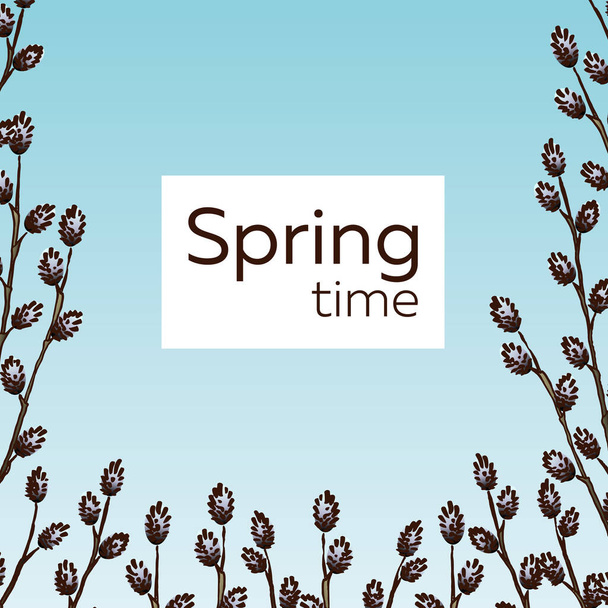 Spring optimistic bright vector template with young willow branches on a blue sky background with space for text - Vector, Image
