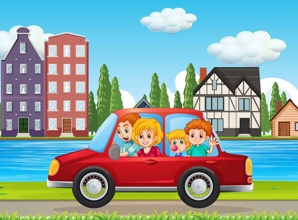 Boldog család utazik a városban piros autó illusztráció - Vektor, kép