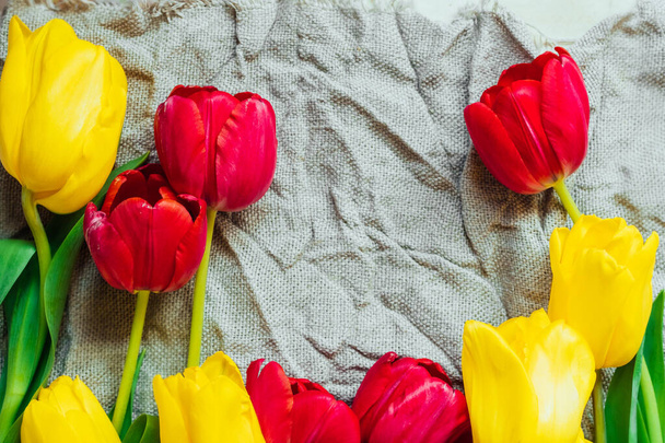 fiori freschi di tulipano rosso e giallo su tessuto grezzo grigio imballaggio. Risveglio primaverile. focus selettivo - Foto, immagini