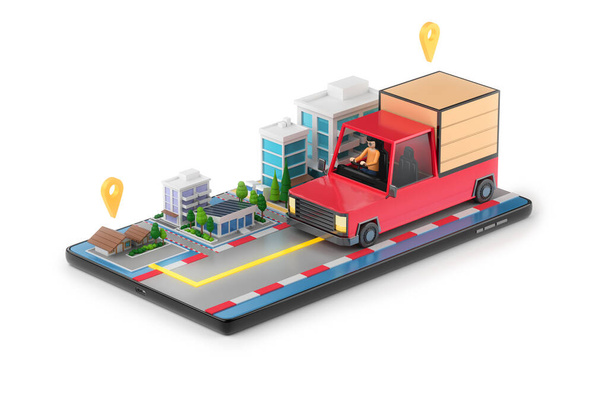 Παράδοση αυτοκινήτου με τον άνθρωπο οδηγό ναυτιλία εμπορευμάτων online ψώνια στο σπίτι. παρακολούθηση χάρτη GPS e-commerce εφαρμογή smartphone. εφαρμογή πλοήγησης με το δρόμο. 3D εικονογράφος. απόφραξη αντικειμένου διαδρομής μέσα - Φωτογραφία, εικόνα