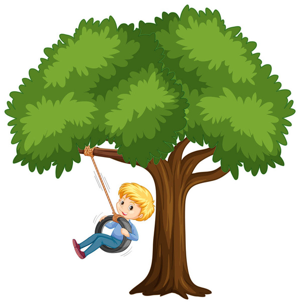 白い背景のイラストで木の下でタイヤスイングをしている子供 - ベクター画像