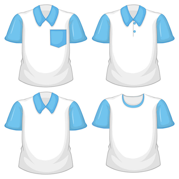 Conjunto de diferentes camisas blancas con mangas cortas azules aisladas sobre fondo blanco ilustración - Vector, imagen