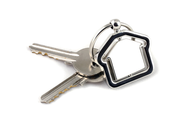 Macro view of two silver keys with red house figure on the white background - Photo, Image
