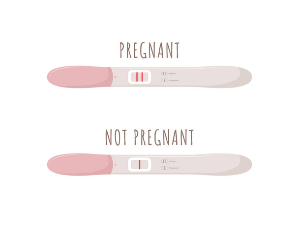Těhotenský test s pozitivními a negativními výsledky. Plánovat dítě a mateřství. Zdravotní koncepce. Vektorová ilustrace v plochém kresleném stylu - Vektor, obrázek