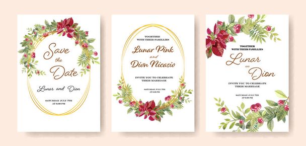 Wedding invitation vintage frame set cherry, leaves, watercolor, isolated on white. Sketched wreath, floral and herbs with green, greenery. Vector hand drawn watercolor paintings style, Nature art. - Vector, Image