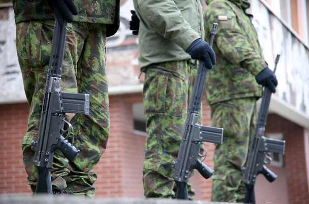 Armeijan univormupukuiset sotilaat riviin aseet kädessä. Kedainiai - Valokuva, kuva