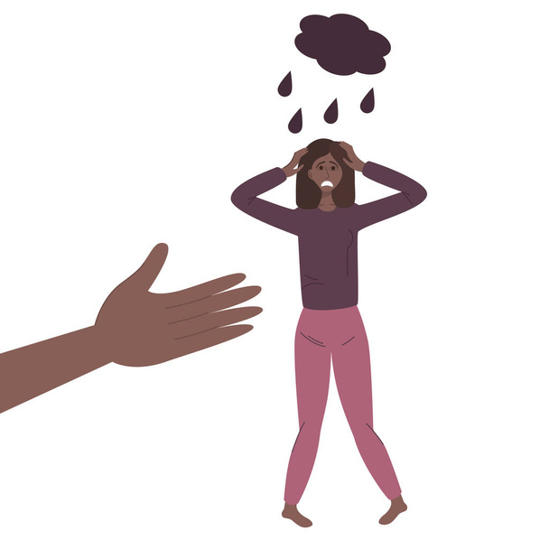 O conceito de transtornos de ansiedade. Uma mulher africana deprimida em depressão. A mão oferece ajuda na resolução de problemas psicológicos. Ilustração vetorial em estilo linear plano - Vetor, Imagem