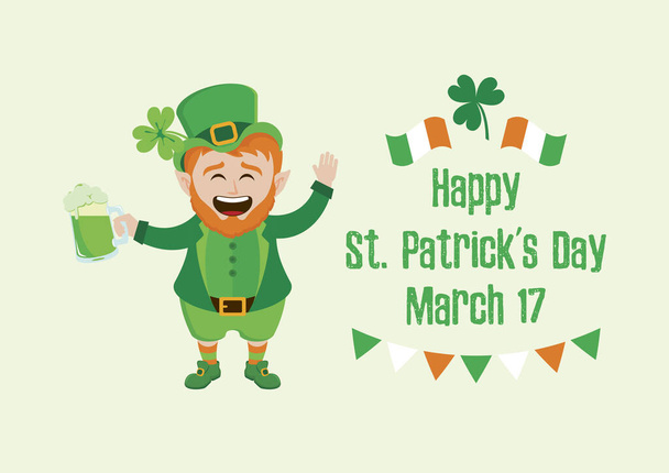 Happy St. Patrick 's Day Poster mit fröhlichem Kobold mit einem grünen Bierkrug. Lachender Kobold mit Bier und irischer Flagge. St. Patrick Day Grußkarte, 17. März. Wichtiger Tag - Vektor, Bild