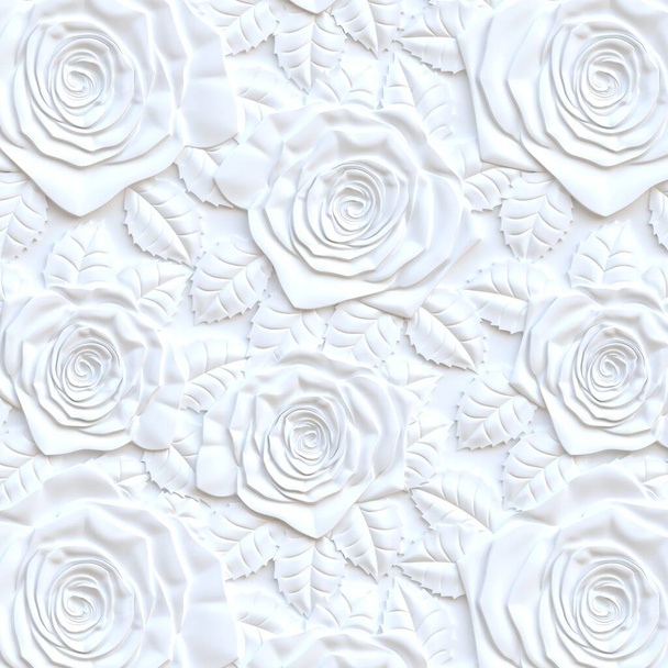 3 d ilustración.3 d panel. Rosas blancas a granel de diferentes tamaños con una sombra sobre un fondo blanco.Fondo festivo.Fondo blanco con efecto 3.El panel de volumen con la imagen de rosas.Render - Foto, Imagen