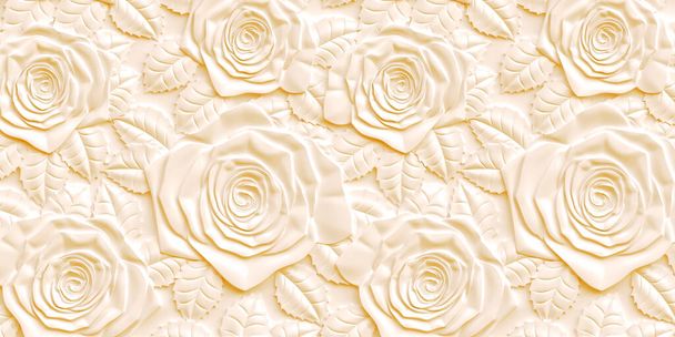 3 d. 3rd panel. Bulk yellow roses of different sizes with a shadow on a yellow background. Festive background. Yellow background with 3 d effect.The volume panel with the image of roses.Render - Photo, Image