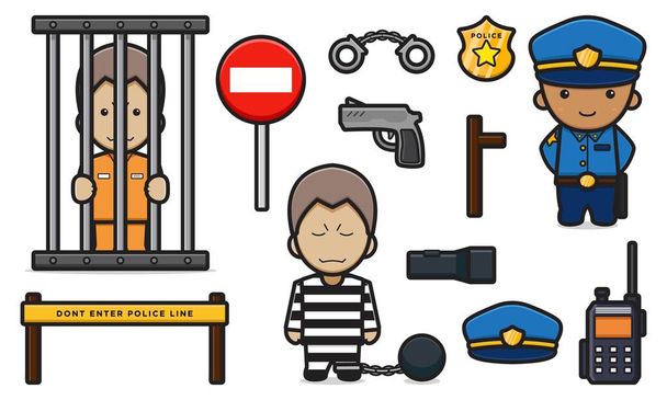 Carino polizia e prigioniero con attrezzature oggetto set cartone animato icona vettoriale illustrazione. Concetto di polizia e icona criminale vettore isolato. Stile piatto cartone animato - Vettoriali, immagini
