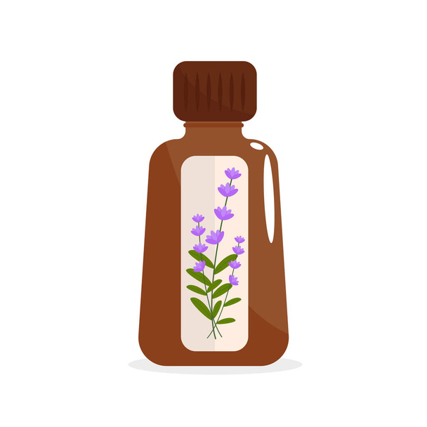 Гомеопатия природная медицина. Здоровое лечение коричневой бутылки с экстрактами масла лаванды травы гомеопатической природной плоской заживления векторной натуропатии заболевания - Вектор,изображение