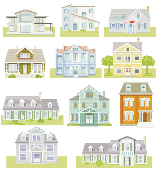 Set van huizen en appartementen, landhuizen, houten huizen, familiehuizen, illustratie - Vector, afbeelding