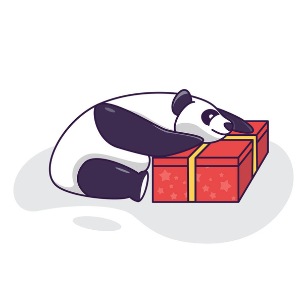 Милая Панда, обнимающая подарок, смешная панда на день рождения. Иллюстрационная открытка ко Дню Святого Валентина - Вектор,изображение