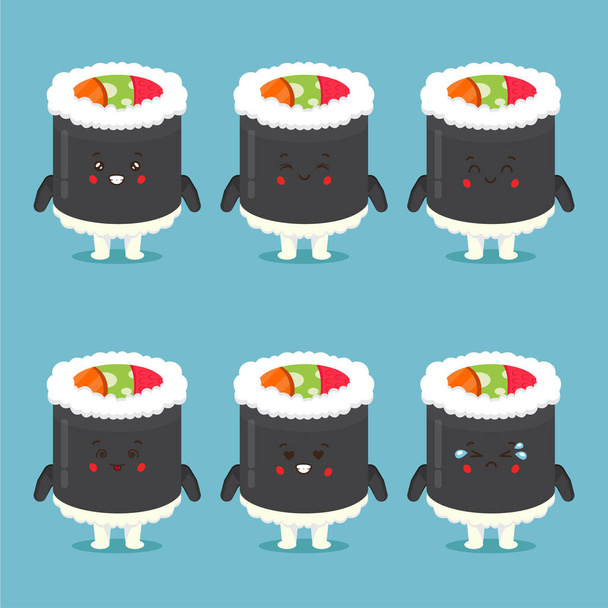 Cute Sushi Roll Character with Expressions - Vector, Image