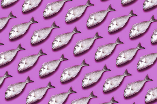 patrón de pescado dorado crudo sobre fondo violeta - Foto, imagen
