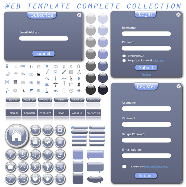 Complete web template with forms, bars, buttons, icons and chat bubbles. - Вектор, зображення