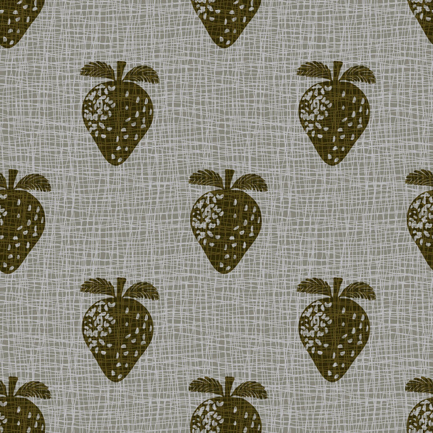 Linocut print strawberries linen vector seamless pattern background.Sepia fruit motifs blended onto Hessian fiber texture.Monochrome backdrop.Woven burlap cloth effect. Historical cotton weave repeat - Vector, Image
