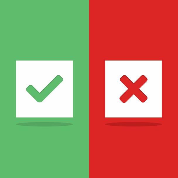 Ellenőrzés és helytelen jelölések, jelölések és jelölések, Elfogadott / elutasított, jóváhagyott / elutasított, igen / nem, helyes / helytelen, zöld / piros, helyes / hamis, oké / nem oké - vektorjel szimbólumok zöld és piros színnel. Izolált ikon. - Vektor, kép