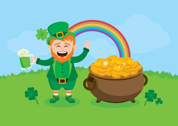 Cheerful leprechaun with a pot of gold on a spring meadow vector. Happy St. Patrick's Day Poster. Laughing cute leprechaun with a pot of gold, mug of green beer and rainbow vector - Vector, Image