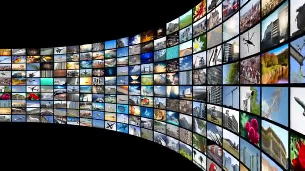 Wall of screens, many images - great for topics like broadcasting tv channels or movies over the Internet, communication, entertainment etc - loopable digital animation - 4K animation (3840x2160 px), 3D rendering. - Materiaali, video