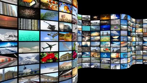 mur d'écrans, de nombreuses images - idéal pour des sujets tels que la diffusion de chaînes de télévision ou des films sur Internet, communication, divertissement, etc - animation numérique en boucle - animation 4k (3840x2160 px), rendu 3d. - Séquence, vidéo