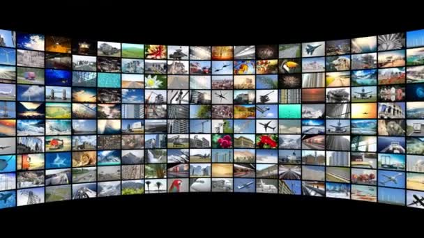 mur d'écrans, de nombreuses images - idéal pour des sujets tels que la diffusion de chaînes de télévision ou des films sur Internet, divertissement, etc - animation numérique en boucle - animation 4k (3840x2160 px), rendu 3d. - Séquence, vidéo