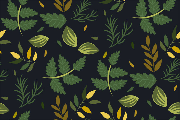 Seamless pattern with forest leaves on a dark background. Green foliage in a hand-drawn style. Mysterious mystical botanical print. Vector illustration. Elegant design for fabric, wallpapers, covers - Vetor, Imagem