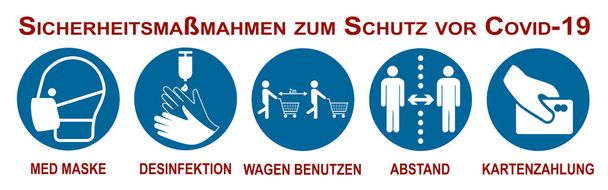 Covid-19から保護するためのショッピングのルール。ドイツ語でのテキスト: Covid-19から保護するための安全対策。医療マスク、消毒、カート、クリアランス、カード決済を使用しています。ベクトルファイル - ベクター画像
