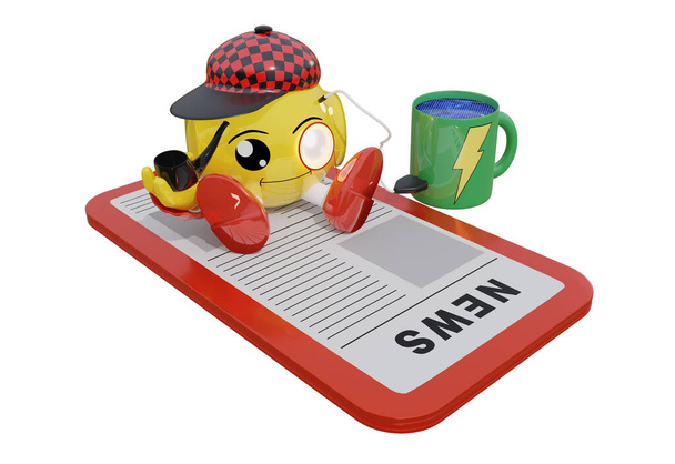 Cute robot is sitting on a cellphone with a pipe in hand reading a newspaper. In doing so, he fills up with energy from a cup. 3d rendering - Photo, Image