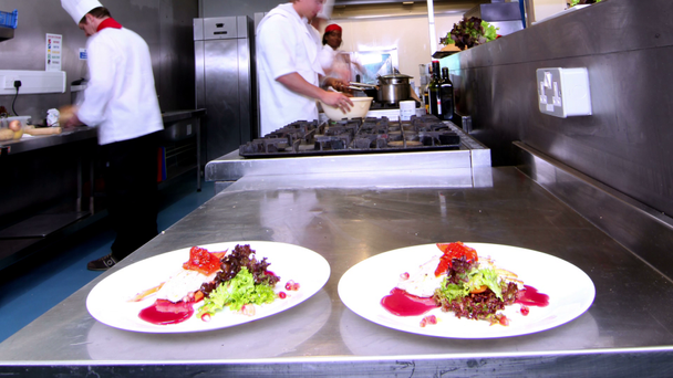 απασχολημένος ομάδα σεφ προετοιμασία των τροφίμων σε μια εμπορική κουζίνα - Πλάνα, βίντεο