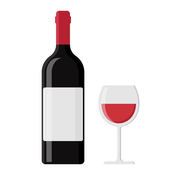 Botella de vino y vidrio aislado sobre fondo blanco. Ilustración vectorial plana - Vector, Imagen