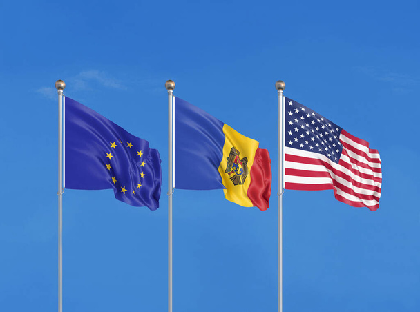 Τρεις σημαίες. ΗΠΑ (Ηνωμένες Πολιτείες της Αμερικής), ΕΕ (Ευρωπαϊκή Ένωση) και Μολδαβία. 3D απεικόνιση - Φωτογραφία, εικόνα