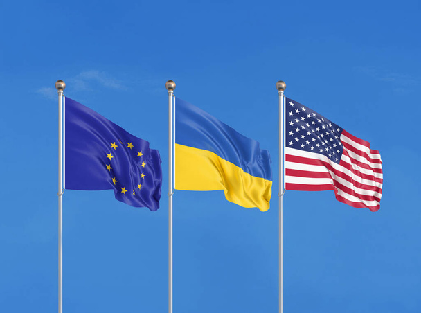 Drei Fahnen. USA (Vereinigte Staaten von Amerika), EU (Europäische Union) und Ukraine. 3D-Illustration. - Foto, Bild