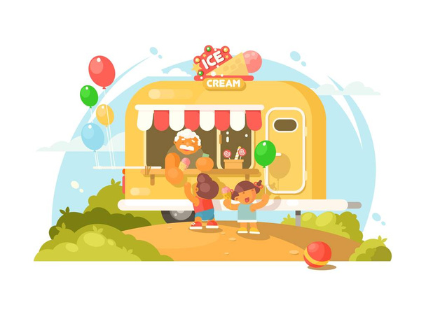 Samochód z lodami. Szczęśliwe dzieci kupują słodkie lody. ilustracja - Zdjęcie, obraz