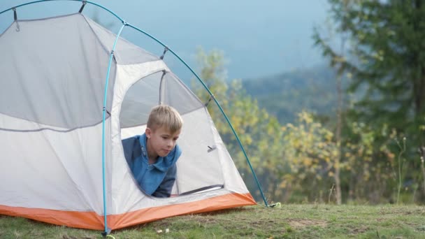 Ragazzo felice bambino che riposa in una tenda turistica al campeggio di montagna godendo della vista della bella natura estiva. Escursionismo e stile di vita attivo concetto. - Filmati, video