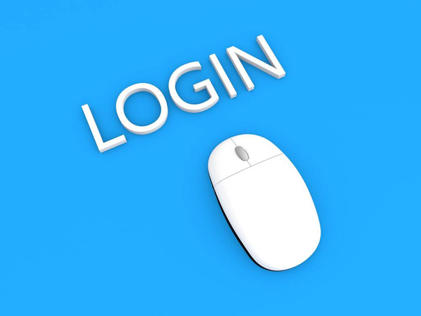 mouse del computer e la parola login su uno sfondo blu. Illustrazione rendering 3d. - Foto, immagini