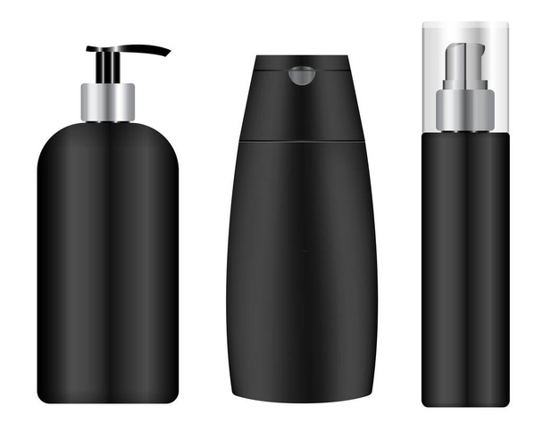 Schwarzes Kosmetikglas. Shampooflasche, Pumpenbehälter. Schwarze Plastikschlauch-Attrappe, Friseurproduktflasche auf weißem Hintergrund. Handcreme-Spender, flüssige Duschgel-Spender-Packung - Vektor, Bild