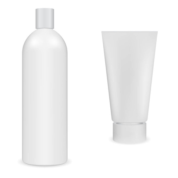 Μπουκαλάκι για σαμπουάν, σωληνάριο κρέμας χεριών, καλλυντική συσκευασία. Λευκό πλαστικό δοχείο κενό. Body skin beauty product packaging design, ρεαλιστική απεικόνιση mock up. σαμπουάν μαλλιών, οδοντόπαστα σωλήνα - Διάνυσμα, εικόνα