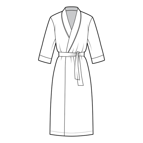 Ρόμπα τεχνική επίδειξη μόδας φόρεμα με άνοιγμα περιτύλιξης, μήκος γόνατος, υπερμεγέθης, γραβάτα, μανίκια αγκώνα - Διάνυσμα, εικόνα
