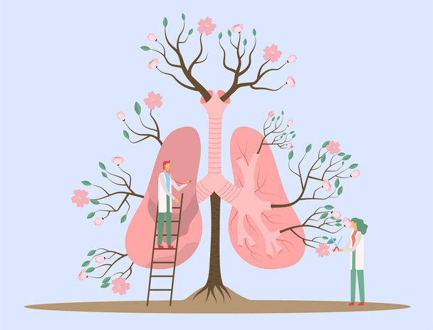 Ilustración vectorial: pulmones humanos abstractos, pequeños humanos divertidos ayudan a que sea saludable y vibrante. - Vector, Imagen