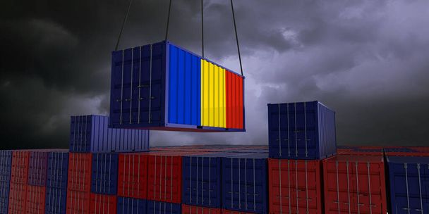 Un contenedor de carga con la bandera rumana cuelga delante de muchos contenedores de carga apilados azules y rojos - concepto de comercio - importación y exportación - ilustración 3d - Foto, imagen