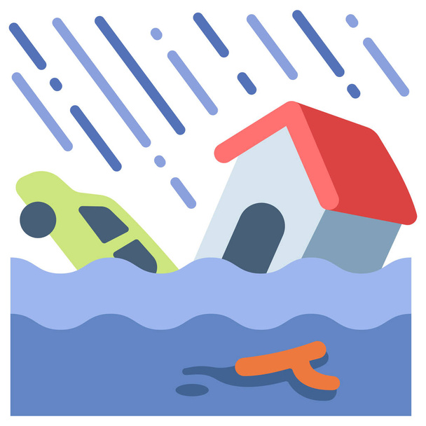 Huragan, Powódź, Uszkodzenia, Katastrofa, Dom, Pogoda, Ikona wody z Pogoda i Katastrofa mieszkania - Wektor, obraz